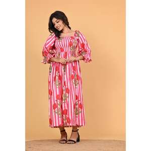 Robe longue maxi bohème 100% coton imprimé au bloc, écologique, pour femme, smockée, style indien, idéale pour les fêtes estivales - Product Image 5