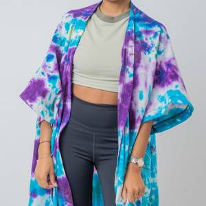 Tie Dye rayonne tissu Long Kimono Boho Style dame plage vacances d'été couvrir Sexy Resort porter femmes Kimono grande taille Kimono - Product Image 3