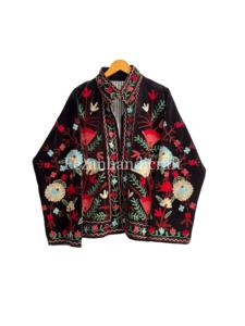Veste Suzani surdimensionnée pour femmes, veste en velours brodée à la main avec deux poches latérales, doublure en coton - Product Image 1