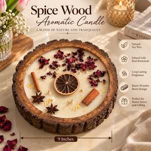 Bougie en cire de soja artisanale en rondelle de bois, récipient rustique en écorce d'arbre, écologique, avec pétales de rose séchés, cannelle et anis étoilé, lumière orange - Product Image 3