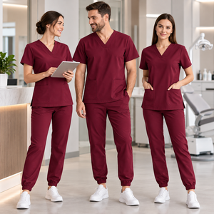 Conjunto de Uniforme Médico para Mujer, Color Borgoña, Cuello en V, Manga Corta, con Pantalones - Product Image 2