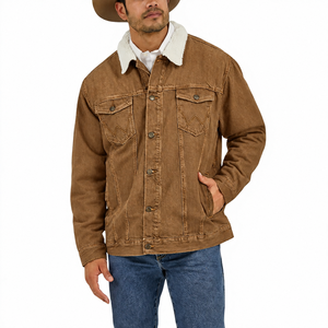 Wholesale <b>Men's</b> Winter Denim <b>Jacket</b> White Sherpa Collar Vintage Washed Jean <b>Trucker</b> Coat Custom Logo Clothing Supplier Bulk Sale - Product Image 6