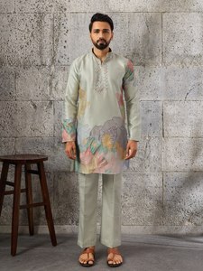 Best Quality <b>Men</b> Ethnic Jacquard Weave <b>Kurta</b> Pajama Set Party Wear Comfortable and Stylish Art Silk Outfit Available For Sale - Product Image 4