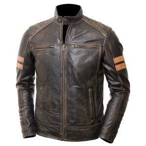 Custom Distress Brown Leather Jacket Men Vintage Cafe Racer Biker Retro <b>Quilted</b> Shoulder Motorcycle Coat Wholesale - Product Image 6