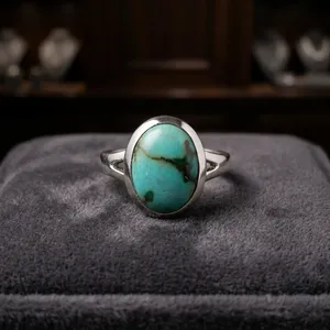 Tibetan Turquoise 925 Sterling Silver Handmade Oval Ring Natural Green Gemstone Vintage Boho Jewelry - Product Image 2