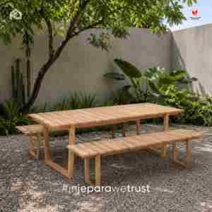 Minimalist Teak <b>Wood</b> Dining <b>Table</b> Slatted <b>Top</b> Modern Design Durable Eco-Friendly Home Furniture Farmhouse Hotel Villa Outdoor - Product Image 1