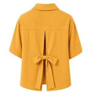 Camisa Corta Bordada Amarillo Mostaza para Mujer, Blusa Casual de Verano con Botones, Top de Moda con Logotipo Personalizado, Mezcla de Lino - Product Image 2