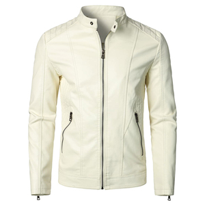Chaqueta de Motociclista para Hombre con Bloques de Color, Cierre Completo, Resistente al Viento, Chaqueta de Cuero PU Blanca para Hombre, Cierre Completo, Cuello Alto, Estilo Motociclista - Product Image 1