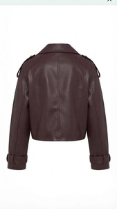 Vintage <b>Burgundy</b> PU <b>Leather</b> Women <b>Jacket</b> Zip Up Coat Turn-Down Collar Long Sleeve Autumn Winter Outerwear - Product Image 3