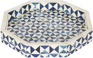 Plateau de service hexagonal fait main en os incrusté, bleu et blanc, avec poignée, vaisselle de cuisine, article cadeau - Product Image 3