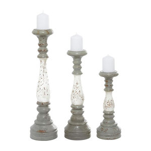 Large Turned Style Mango Wood <b>Candle</b> Holder <b>Set</b> Custom 3-Piece Design in Gray & White Home Decoration - Product Image 4