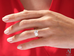 Rose Gold & Rhodium Plated IGI Certified Moissanite Engagement <b>Ring</b> with Pear Cut Emerald Cut Claw Set <b>Two</b> <b>Stone</b> Wedding Gift - Product Image 1