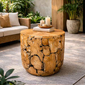 Taburete Cilíndrico Artesanal de Madera de Teca Rústica ARTERRA - Muebles de Madera Maciza Hechos a Mano para Uso en Villas, Apartamentos, Hoteles y Oficinas - Product Image 3