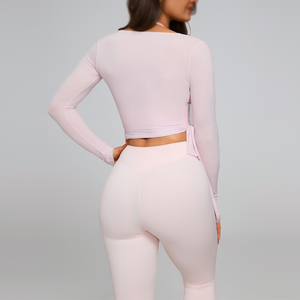 Custom Women Cross Wrap Long Sleeve Yoga Top Light Halter Neck Fitness Crop Top Soft Breathable Dance <b>Workout</b> Shirt - Product Image 3