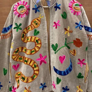 Luxury Khaki <b>Velvet</b> Embroidered Suzani <b>Jacket</b> With Snake Floral Pattern Full Sleeve Stand Collar Handmade Bohemian Winter Coat - Product Image 5
