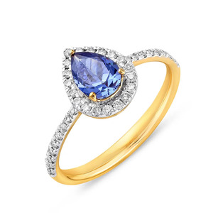 Blue Pear Shape Halo Diamond Gold Ring - Product Image 1