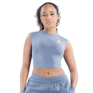 <b>Women</b> Steel Blue <b>Sleeveless</b> Crop Top Fitness Yoga Wear Matching Leggings Set Custom Logo Sportswear Manufacturer Bulk OEM Supply - Product Image 1