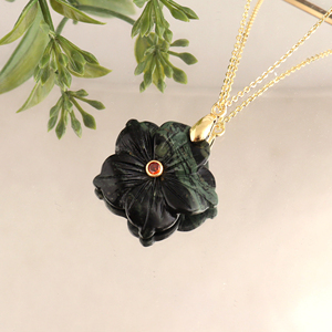 Minimalist kambaba jasper hand carved floral pendant necklace <b>with</b> red cz bezel set stone statement 18k gold plated brass chain - Product Image 4