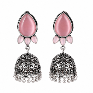 Pink <b>Cat</b> Eye Stone Oxidized Silver Brass Jhumka Earrings | Handmade Vintage Boho Chandelier Earrings | Indian Traditional - Product Image 1