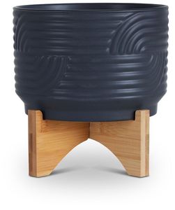 Maceta Moderna de Metal para Suculentas con Soporte de Madera, Acabado Glaseado, Patrón Irregular, Diseño Minimalista para Interiores - Product Image 2