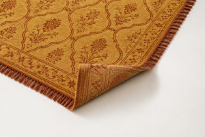 Tapis en laine Ocre Doré à motif floral en treillis, motif botanique rouille, bordure décorative en vigne, franges, antidérapant, écologique pour salon - Product Image 5