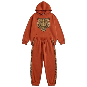 Men's Orange Tiger Print Hooded Tracksuit Full Sleeve Casual Sweatshirt With Side Pockets And Elastic Waist <b>Pants</b> - Product Image 1