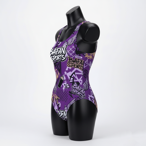 Traje de baño para mujer, tela de poliéster y spandex de 200 GSM, estampado gráfico morado, traje de baño con logo personalizado por sublimación para mujer. - Product Image 6