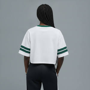 Customized Women's White <b>Crop</b> <b>Top</b> With Green Trim And <b>Red</b> Logo Print Crew Neck Short Sleeve Loose Fit Casual Spring Summer Wear - Product Image 5