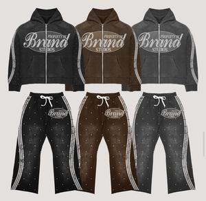 High Quality Winter Adult Tracksuits <b>Men</b> and Women 2 Piece 100% Cotton Streetwear Rhinestones Sun Faded Screen Print <b>Sweat</b> <b>Suit</b> - Product Image 1