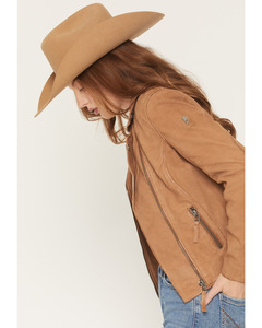 Tan <b>Suede</b> Moto <b>Jacket</b> Women Blush Star Patchwork Back Belted Biker Coat Genuine <b>Suede</b> Leather Camel Western Rock Outerwear - Product Image 2