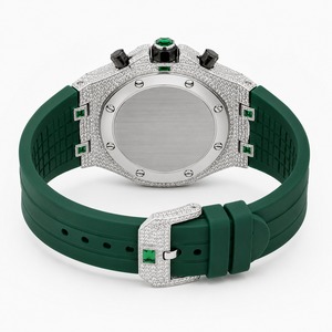 Luxury Men's Stainless Steel <b>Watch</b> With Green Gemstones Analog Quartz Chronograph Silicone Band Round <b>Case</b> - Product Image 4