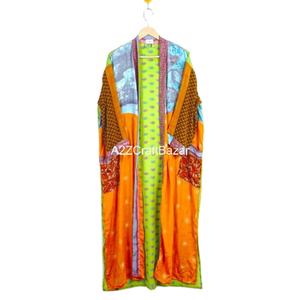 Kimono de Verano Hecho a Mano con Parches de Seda, Bata Larga Suave para Mujer, Vestido Largo de Maternidad con Bolsillos Laterales Delanteros, Cuello en V y Cierre con Cordón - Product Image 1