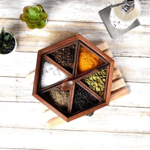 Boîte à épices en bois d'acacia, conteneur de rangement pour épices indiennes avec couvercle en laiton, design martelé - Product Image 4
