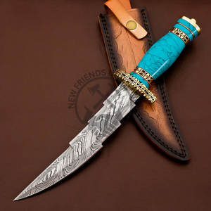 Couteau à lame fixe neuf en acier Damas, couteau Bowie de collection, couteau de chasse avec manche en pierre, couteau de survie avec étui - Product Image 5