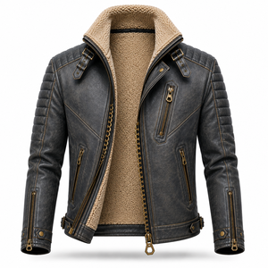 Chaqueta de Cuero de Lujo Unisex, Forrada de Algodón para Invierno, con Cierre, Estilo Motociclista, Casual, de Lona Recubierta, Personalizada, al por Mayor - Product Image 4