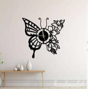 Lovely artistic black butterfly and floral silhouette cutout acrylic wall <b>clock</b>, available at wholesale prices. - Product Image 1