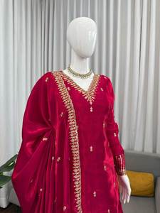 Sharara Sahara de terciopelo de viscosa pesado, artesanal, moderno, étnico, con lentejuelas, de georgette sintética fluida, sin arrugas en los cuatro lados, para boda - Product Image 4