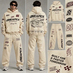 Ensemble de survêtement pour homme, sweat-shirt et pantalon de survêtement crème, style Motorsport, One Apex Racing Team, deux pièces, streetwear, tenue de jogging assortie - Product Image 4