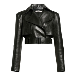 Chaqueta Corta de Pana y Cuero Genuino para Mujer, Corte Entallado, Cierre de Cremallera, Casual, Elegante, Manga Larga, Prenda Exterior Estilosa para Uso Diario - Product Image 1