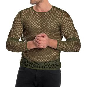Olive Green Open Knit Soft <b>Sheer</b> <b>Long</b> <b>Sleeve</b> <b>Top</b> Polyester Blend Airy Comfortable Nightclub Partywear Men Mesh Shirts - Product Image 2
