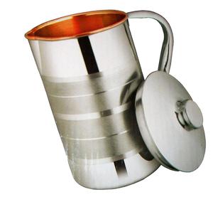 Pichet en acier inoxydable et cuivre fait main, très demandé, pour le stockage d'eau potable, 1800 ml, avec couvercle et poignée - Product Image 1