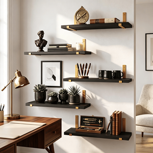 5 Pack Black Floating <b>Shelves</b> with Gold Brackets 15.85" <b>Rustic</b> Paulownia <b>Wood</b> Wall Mounted <b>Shelf</b> Set - Product Image 4
