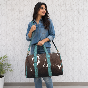 Real Cowhide Leather Luggage <b>Bags</b> Multi Uses Handmade <b>Bag</b> Unisex Travel <b>Bag</b> Big Size Turquoise Color Hair on Hide Handbag - Product Image 3