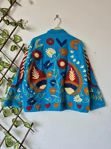 Luxury Sky Blue <b>Velvet</b> Suzani Embroidered <b>Jacket</b> With Floral Pattern Full Sleeve Stand Collar Bohemian <b>Women's</b> Warm wear - Product Image 3