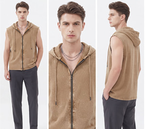 Camiseta sin mangas con capucha para hombre, con cremallera, cuello en V, ecológica, transpirable, de poliéster/algodón, para gimnasio, fitness, entrenamiento muscular. - Product Image 5