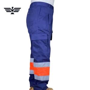 Pantalon de travail réfléchissant en polyester bleu marine fluorescent haute visibilité avec bandes de sécurité orange - Product Image 3