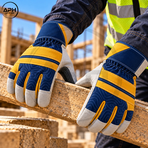 Gants de travail bleu marine et moutarde avec paume incurvée en tissu à motif profilé, doigts en daim gris et manchette longue - Product Image 6