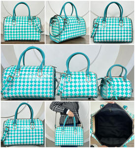 Premium Large Hand Tooled Leather Speedy <b>Bag</b> with Turquoise & White Checkered Pattern Crossbody <b>Travel</b> <b>Duffel</b> <b>Bag</b> for Women's - Product Image 3