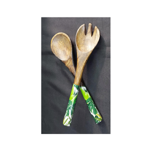 Ensemble de service à salade en bois personnalisé et écologique, cuillère et fourchette avec poignées à motif géométrique bleu, passe au lave-vaisselle - Product Image 5