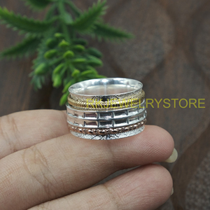 Multi Layer <b>Spinner</b> <b>Ring</b> Silver Brass Copper Mixed Metal Meditation Band Textured Pattern Handmade Unisex Anxiety <b>Ring</b> for Women - Product Image 3